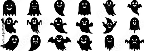  Large Black Vector Ghost Silhouette Set of Cute and Scary Characters