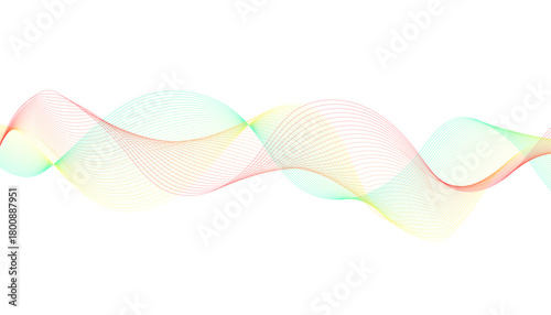 Abstract rainbow wave background featuring flowing, colorful, thin sine lines on white.