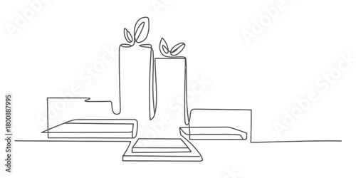 One line drawing of minimalist candles with leaves on display pedestals, representing nature, wellness, and eco-friendly design.