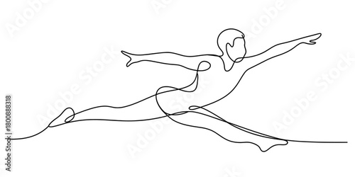 Continuous line art illustration of a dynamic male figure performing an expressive leap, conveying freedom, motion, and artistic grace.