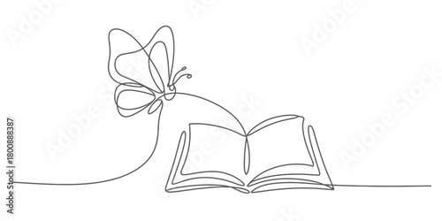 Continuous line drawing of a flying butterfly gracefully hovering above an open book, symbolizing knowledge, freedom, imagination, and learning.