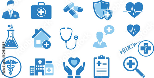 Blue Medical Icon Set with Doctor, Stethoscope, Heartbeat, Shield and Clipboard