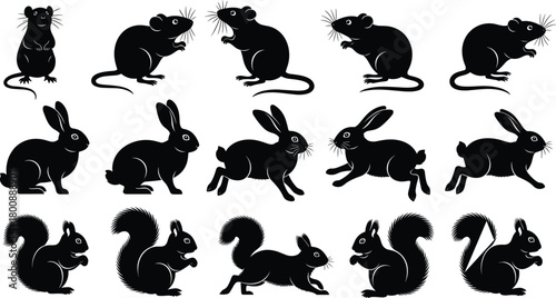 Animal silhouettes, mouse, rabbit, squirrel, wildlife poses, leaping animals, crouching mammals, sitting creatures, black outline, vector illustration, design asset