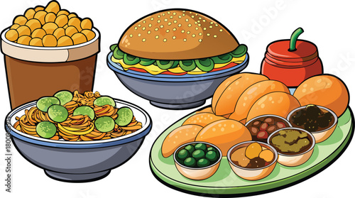 Indian Traditional Food Vector Set – Pani Puri, Pav Bhaji, Vada Pav, Chole Bhature Illustrations