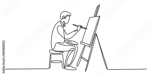 Continuous line drawing of an artist painting on a canvas with a paintbrush, sitting on a stool by an easel, creating artwork