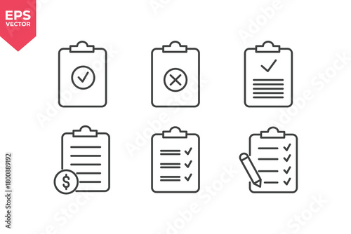 Set of line icons related to document accepted, document rejected, task complete, financial document, approved item, document editing. Editable stroke. Vector illustration