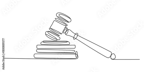 Continuous line art drawing of a judge's gavel and sound block, symbolizing justice, law, judgment, authority, and auction, isolated on white.