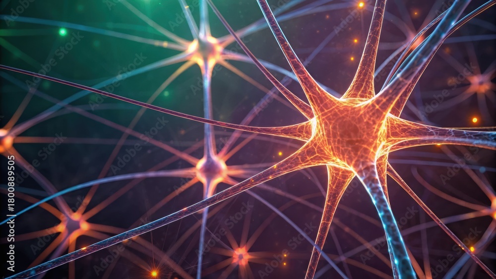 Fototapeta premium Abstract illustration of interconnected neurons with glowing synapses, depicting neural networks and brain activity.