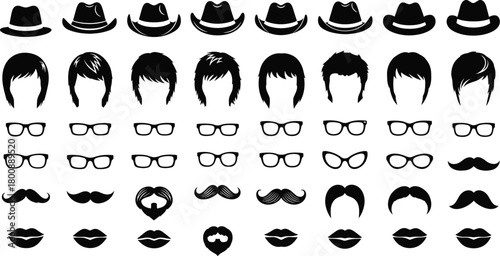 Avatar icons, facial features, silhouette set, hairstyle, hats, glasses, beard, lips, character design, graphic elements, vector illustration, editable