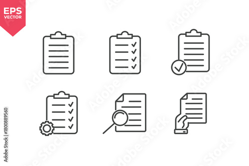 Set of line icons related to clipboard, to do list, approved document, setting checklist, document search, document submission. Editable stroke. Vector illustration