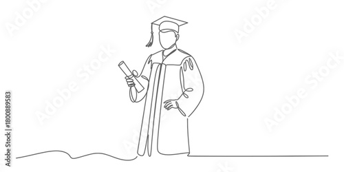 Single continuous line art drawing of a graduate holding a diploma scroll, wearing a cap and gown, symbolizing academic achievement and success in higher education