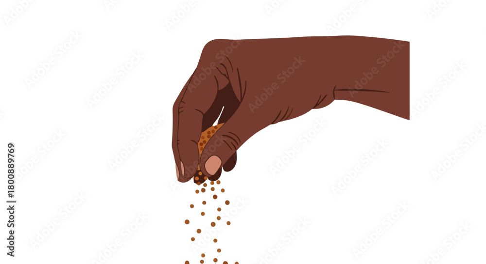 Fototapeta premium Vector illustration of a human hand with dark skin performing the action of sprinkling small brown granular particles, ideal for themes of culinary seasoning, gardening, or adding elements to a design