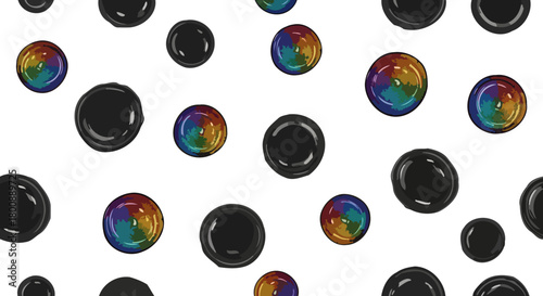 A dynamic and abstract pattern featuring an array of shiny black and vibrant rainbow-colored circles and blobs scattered across a clean white background, evoking a playful and modern graphic design