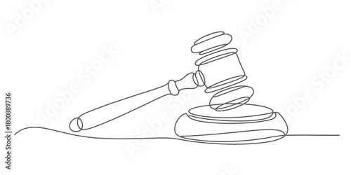 Continuous line drawing of a judge's gavel and sounding block. minimalist vector illustration representing law, justice, and authority.