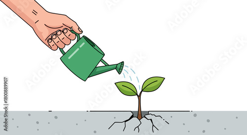 A caring hand watering a resilient green plant sprouting from a concrete crack, symbolizing growth, hope, and the enduring power of life to overcome adversity and thrive in challenging environments