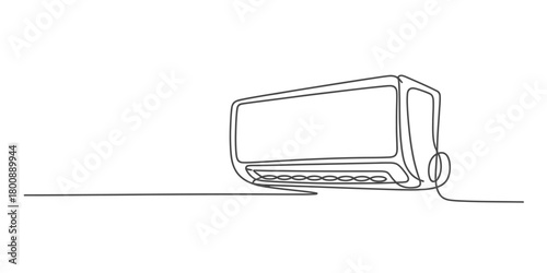Continuous line art drawing of a wall-mounted indoor air conditioner unit, symbolizing modern climate control, comfort, and cooling technology.
