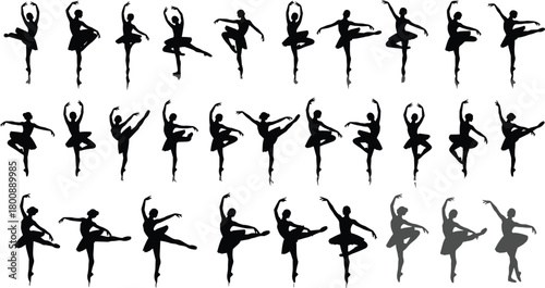 Ballet silhouettes, dance poses, graceful movement, artistic expression, elegant dancers, choreography inspiration, black figures, performance art, classical ballet, studio concept