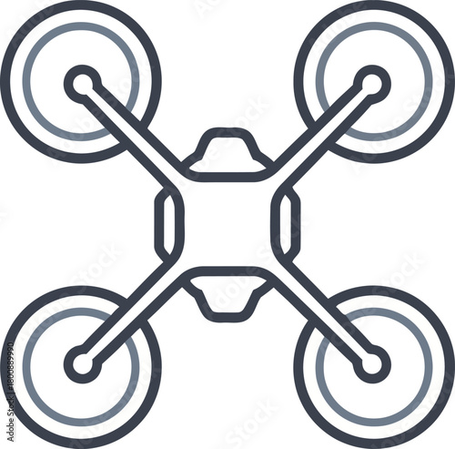 Topdown view of a drone with four propellers isolated on white background, representing aerial technology, surveillance, and modern innovation