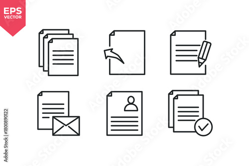 Set of line icons related to multiple files, document import, document editing, send document, resume, verified document.  Editable stroke. Vector illustration