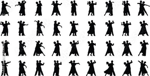 Foto Ballroom dance silhouettes, elegant couple poses, black dancing figures, romanti