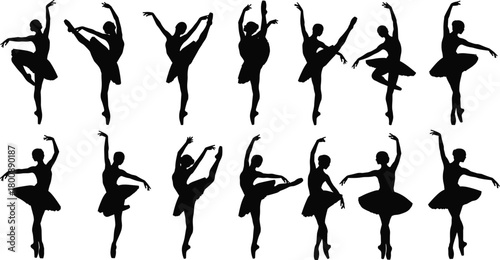 Ballet dancer silhouettes, elegant poses, classical movement, graceful form, artistic expression, black figures, dance positions, arabesque, attitude, choreography, performance art