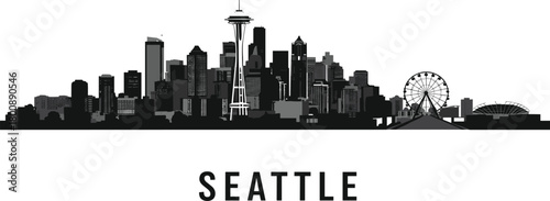 Seattle city skyline silhouette vector illustration, modern urban landmark panorama with Space Needle, ferris wheel and downtown buildings, black and white cityscape art