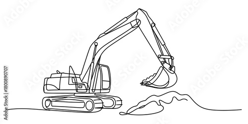 Continuous line art drawing of an excavator digging earth with a pile of soil. construction heavy machinery vehicle. minimalist vector illustration of a digger.
