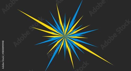 A vibrant abstract starburst design featuring sharp blue and yellow rays radiating outwards from a central point on a dark background.