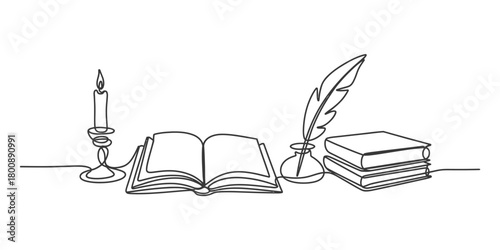 Continuous line drawing of a vintage writing desk setup with an open book, stack of books, burning candle, inkwell, and feather quill.