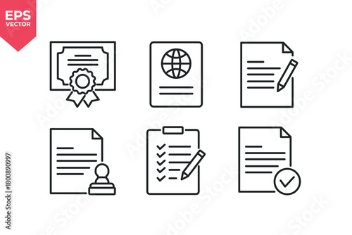 Set of line icons related to certificate, global document, document editing, document stamp, checklist completion, document verified.  Editable stroke. Vector illustration