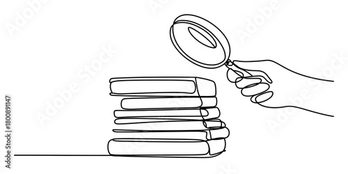 Continuous line drawing of hand holding magnifying glass examining a stack of books for in-depth research, education, and knowledge discovery.