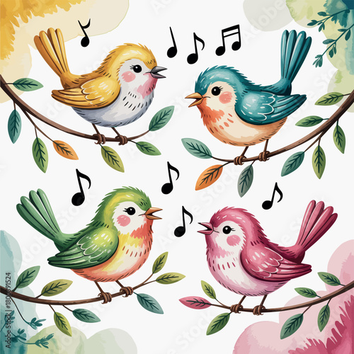Four colorful watercolor birds singing together on branches with musical notes