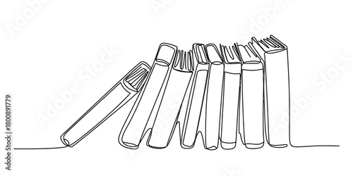 Continuous line drawing of a row of books, standing and leaning, symbolizing education, knowledge, and learning in a minimalist art style.