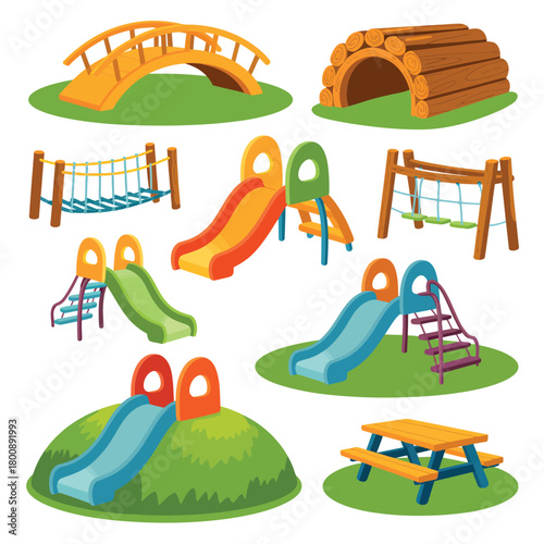 Collection of cartoon playground equipment on green grassy hills