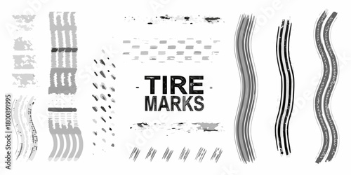Collection of diverse abstract tire track marks and grunge brush strokes in grayscale tones