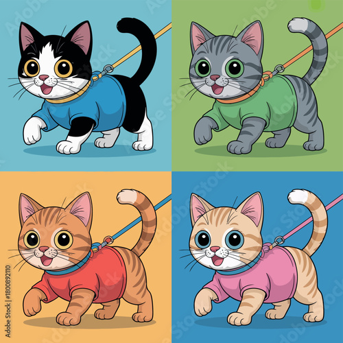 Four cute cartoon kittens wearing sweaters on leashes