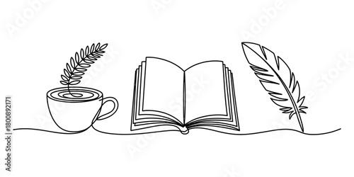 Continuous line art of a stylized cup, fern, open book, and a feather pen. represents learning, creativity, and the joy of reading and writing