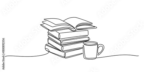 Continuous line art drawing of a stack of books with an open book on top and a coffee mug, representing study, learning, and relaxation.