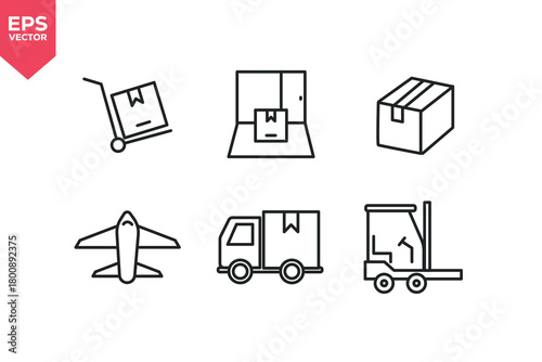 Set of line icons related to hand truck, package arrival, parcel box, air cargo, delivery truck, forklift.  Editable stroke. Vector illustration