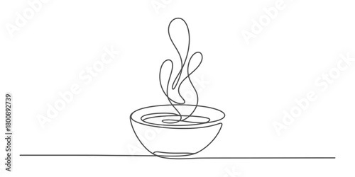 Continuous one line drawing of a steaming bowl, simple minimalist illustration of a hot beverage or food, comfort and warmth concept