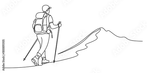 Continuous line drawing of a lone male hiker with a backpack and trekking poles ascending a mountain path, illustrating adventure, endurance, and exploration.