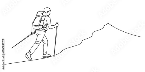 Hiking adventure on a scenic mountain trail, a lone traveler with backpack and trekking poles ascends towards the peak, line art illustration.