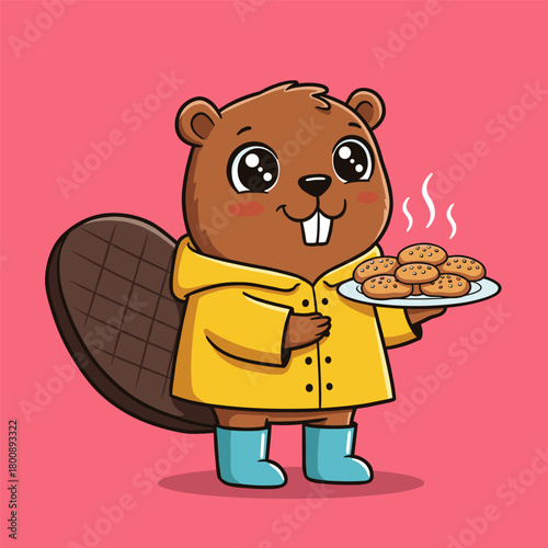 Cute cartoon beaver wearing a yellow raincoat and blue boots, holding a plate of steaming hot cookies.