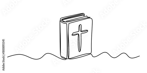 Continuous line drawing of a bible with a christian cross on the cover, representing faith, spirituality, and religious study.