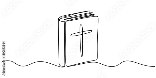 Continuous line drawing of a closed holy bible with a christian cross symbol, representing faith, spirituality, and religious knowledge clearly.