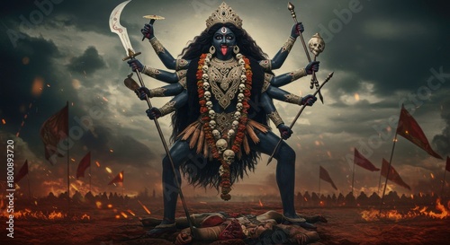 Powerful depiction of the Hindu goddess Kali standing victorious on a battlefield amidst chaos