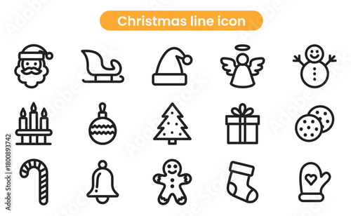 Christmas line icon collection. Thin outline icons pack. santa head, sleigh, santa hat, angel, snowman, advent candles, bauble, ornament, christmas tree, gift box and more - stock vector.