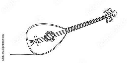 Continuous one line drawing of a musical instrument, classic lute or mandolin. minimalist acoustic stringed folk art style with single outline on white.