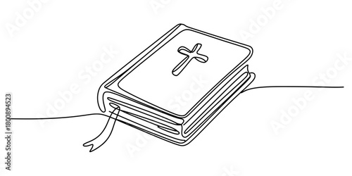 Elegant continuous single line drawing of a holy bible, a sacred scripture with a cross on the cover, symbolizing christian faith and wisdom.