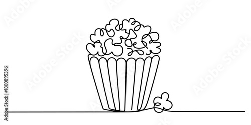 Continuous line drawing of a gourmet cupcake with abstract, fluffy topping resembling popcorn, presented in a striped baking cup, minimal art style